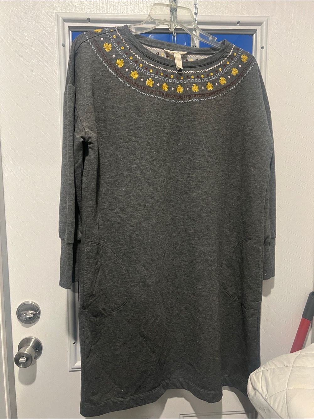 Matilda Jane Charcoal Gray Long Sleeve Dress with Yellow Embroidered Yoke